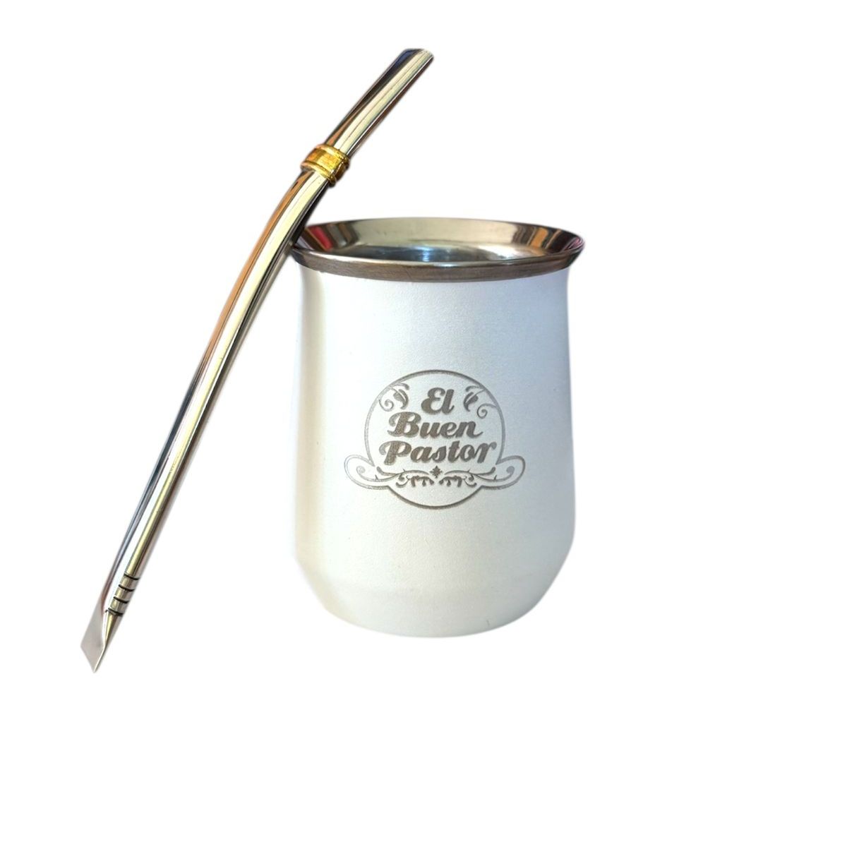 EL BUEN PASTOR - Mate Acero Inoxidable Blanco con Bombilla El Buen Pastor