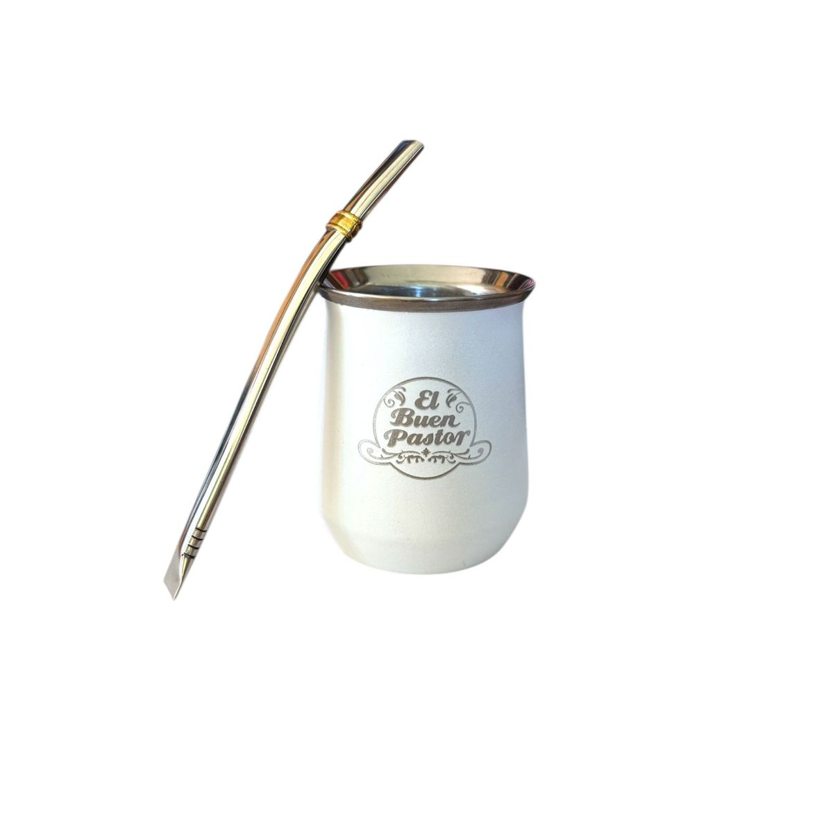 EL BUEN PASTOR - Mate Acero Inoxidable Blanco con Bombilla El Buen Pastor
