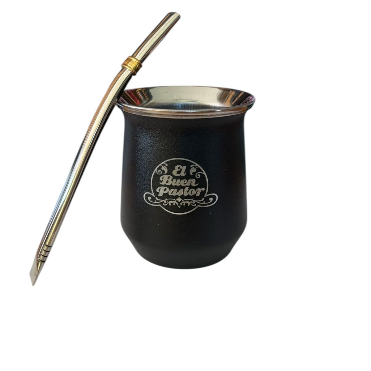EL BUEN PASTOR - Mate Acero Inoxidable Negro con Bombilla El Buen Pastor