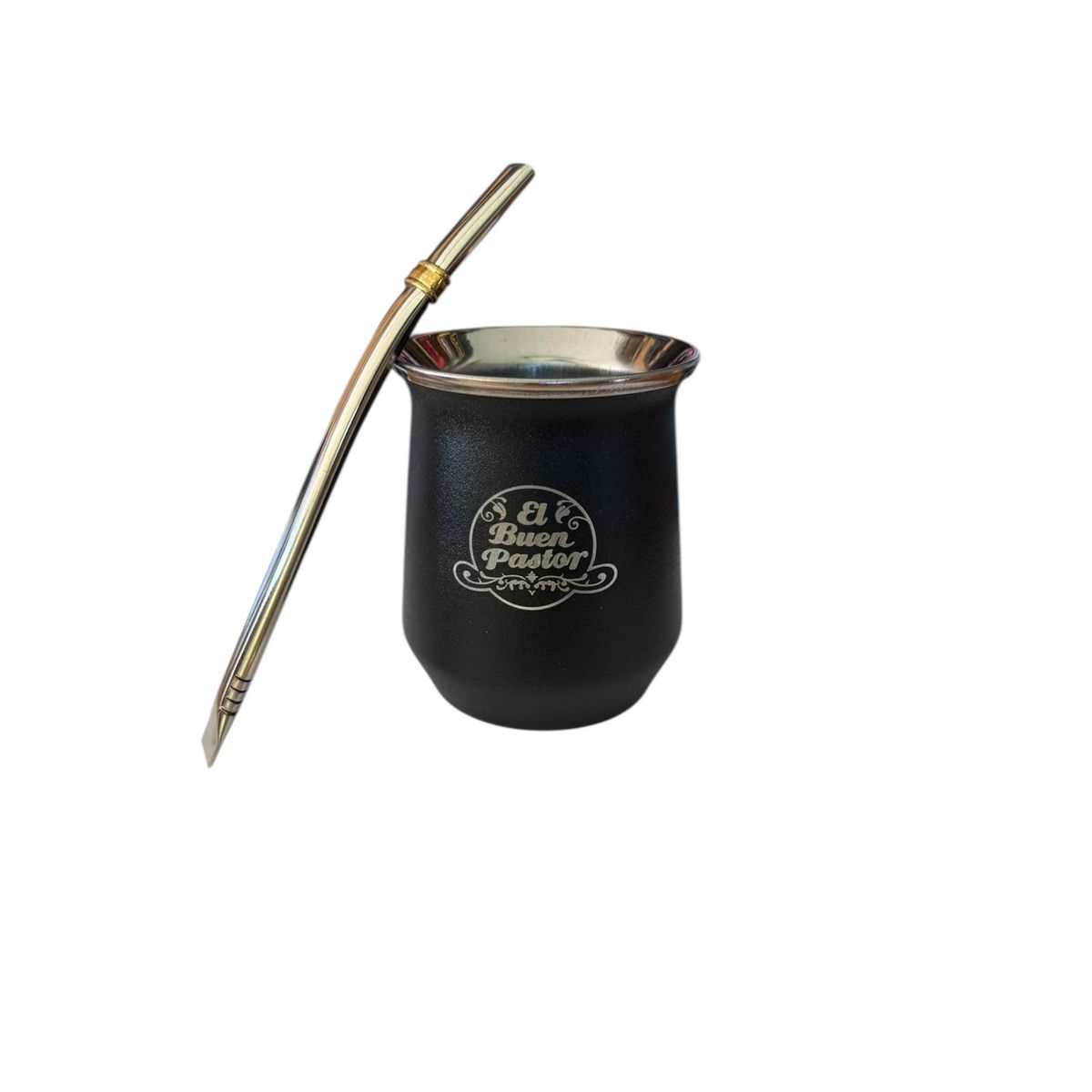EL BUEN PASTOR - Mate Acero Inoxidable Negro con Bombilla El Buen Pastor