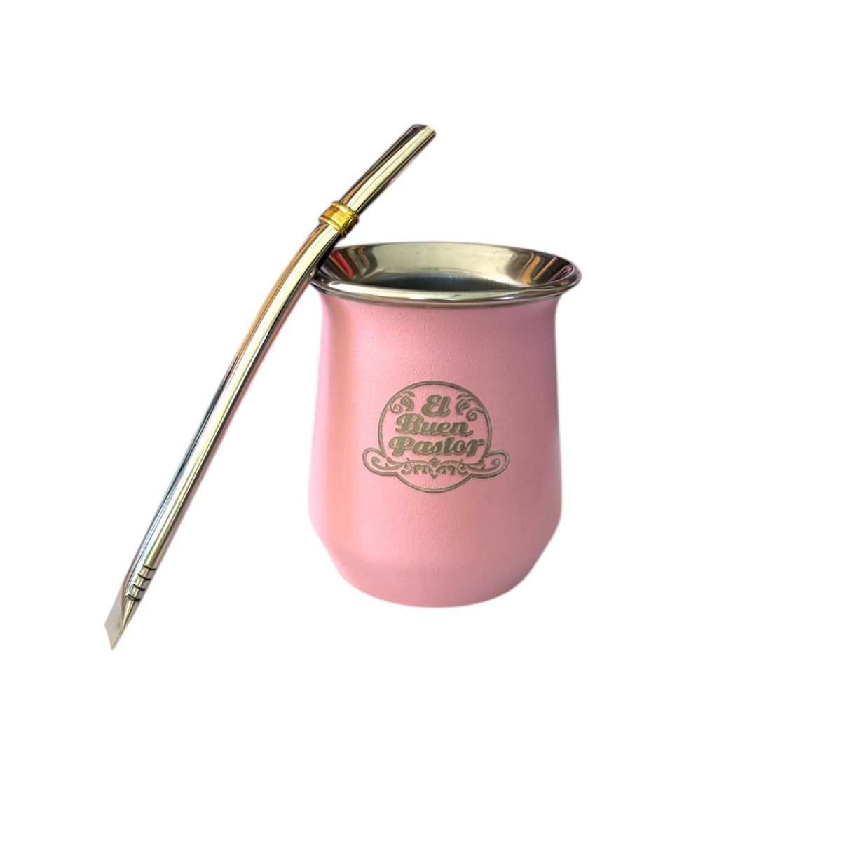 EL BUEN PASTOR - Mate Acero Inoxidable Rosa con Bombilla El Buen Pastor