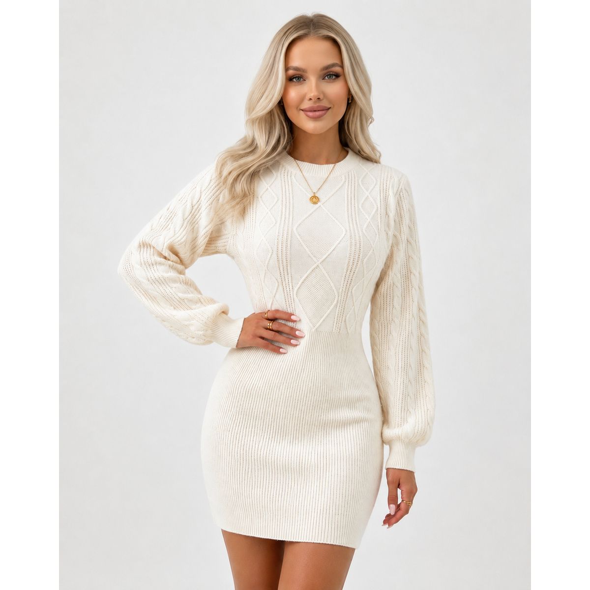 HAMI BOUTIQUE - Vestido Corto de Invierno en Punto Trenzado  Beige Crema Mangas Balloon
