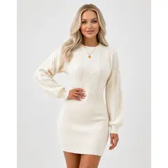 HAMI BOUTIQUE - Vestido Corto de Invierno en Punto Trenzado Beige Crema Mangas Balloon