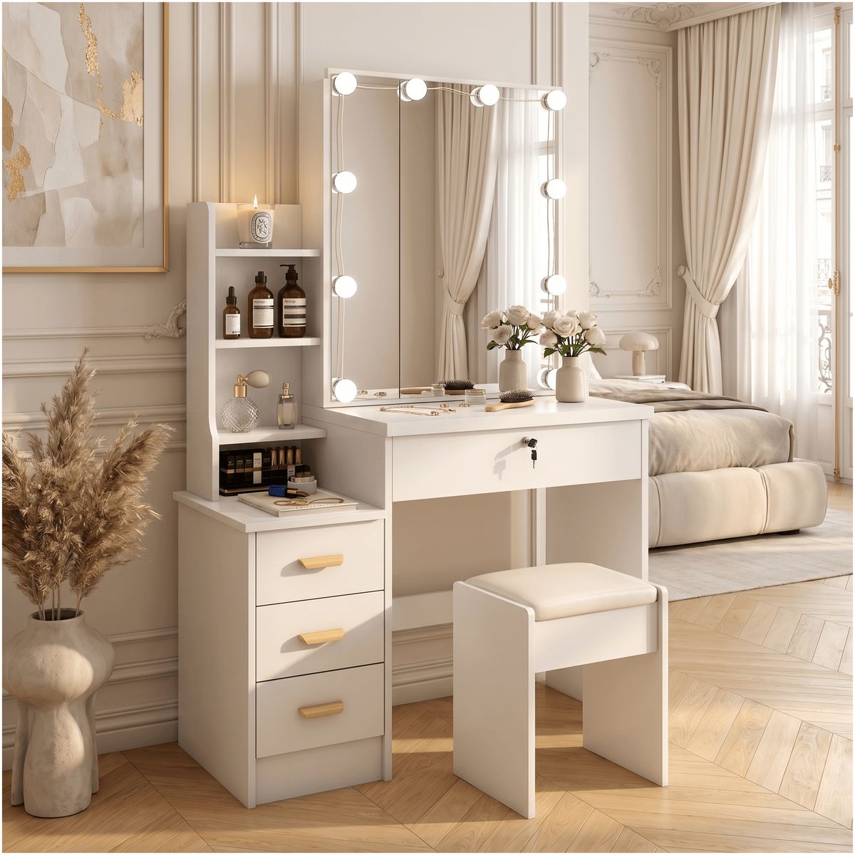 HOMER DESIGN - Tocador Con Luz Hollywood Y Taburete 100x145x40cm Multiusos