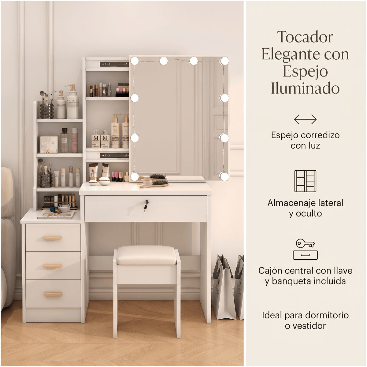HOMER DESIGN - Tocador Con Luz Hollywood Y Taburete 100x145x40cm Multiusos