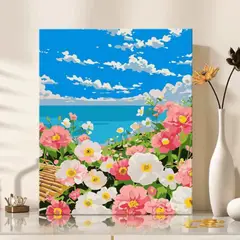 GENERICO - Pintura Por Números 40x30 Flores Blancas y Rosas en la Playa