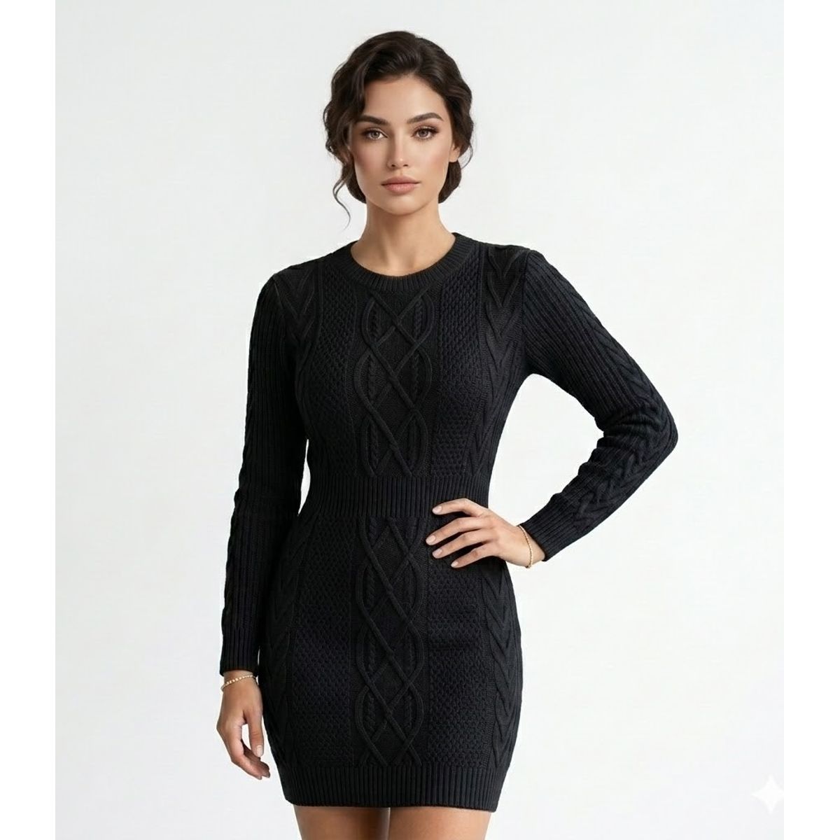 HAMI BOUTIQUE - Vestido Corto de Punto Trenzado Manga Larga Cuello Redondo - Negro