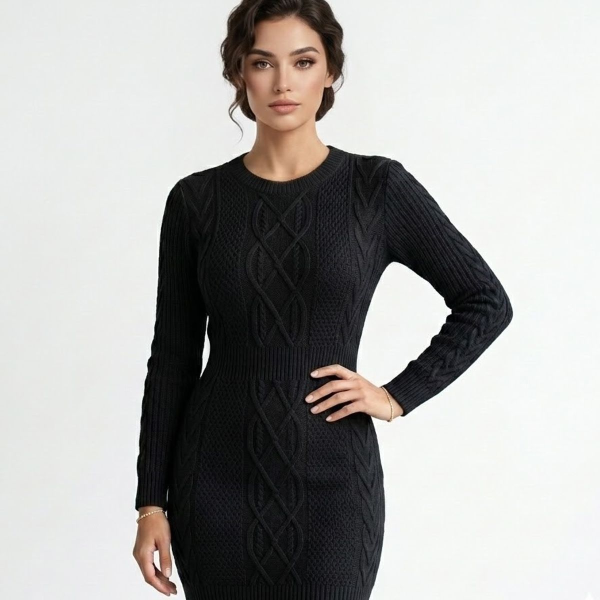 HAMI BOUTIQUE - Vestido Corto de Punto Trenzado Manga Larga Cuello Redondo - Negro