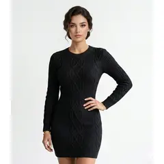 HAMI BOUTIQUE - Vestido Corto de Punto Trenzado Manga Larga Cuello Redondo - Negro