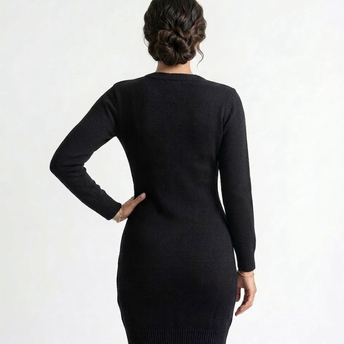 HAMI BOUTIQUE - Vestido Corto de Punto Trenzado Manga Larga Cuello Redondo - Negro