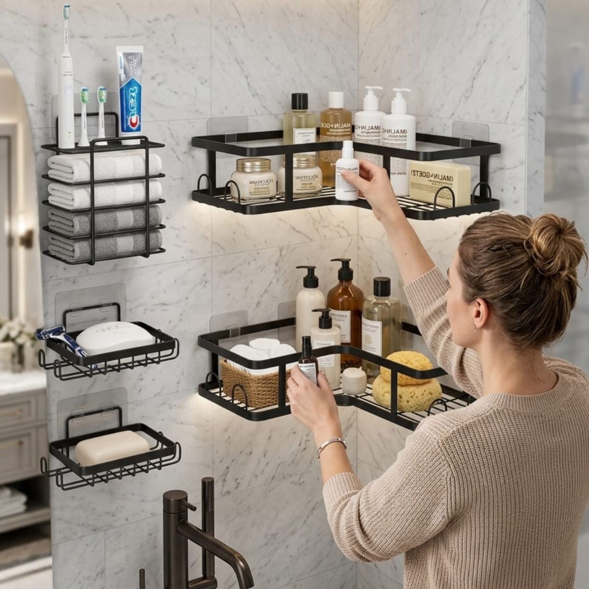 GENERICO - Set Organizador Baño 5 Piezas Adhesivo No Requiere Taladro
