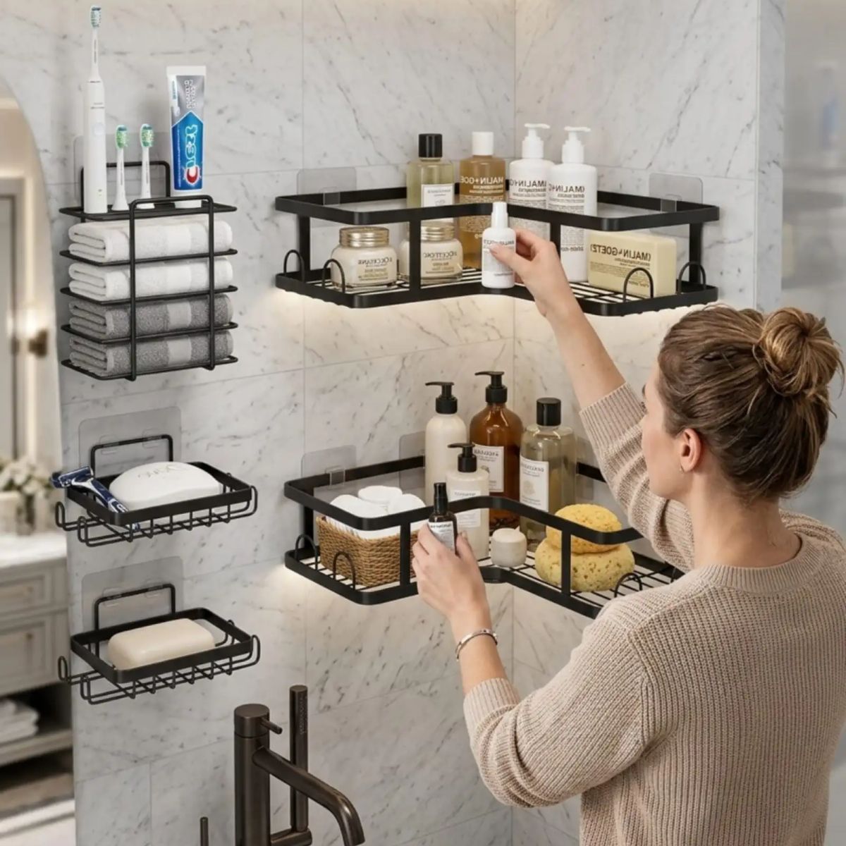 GENERICO - Estantes de Baño 5 Piezas Adhesivas de Instalación Rápida