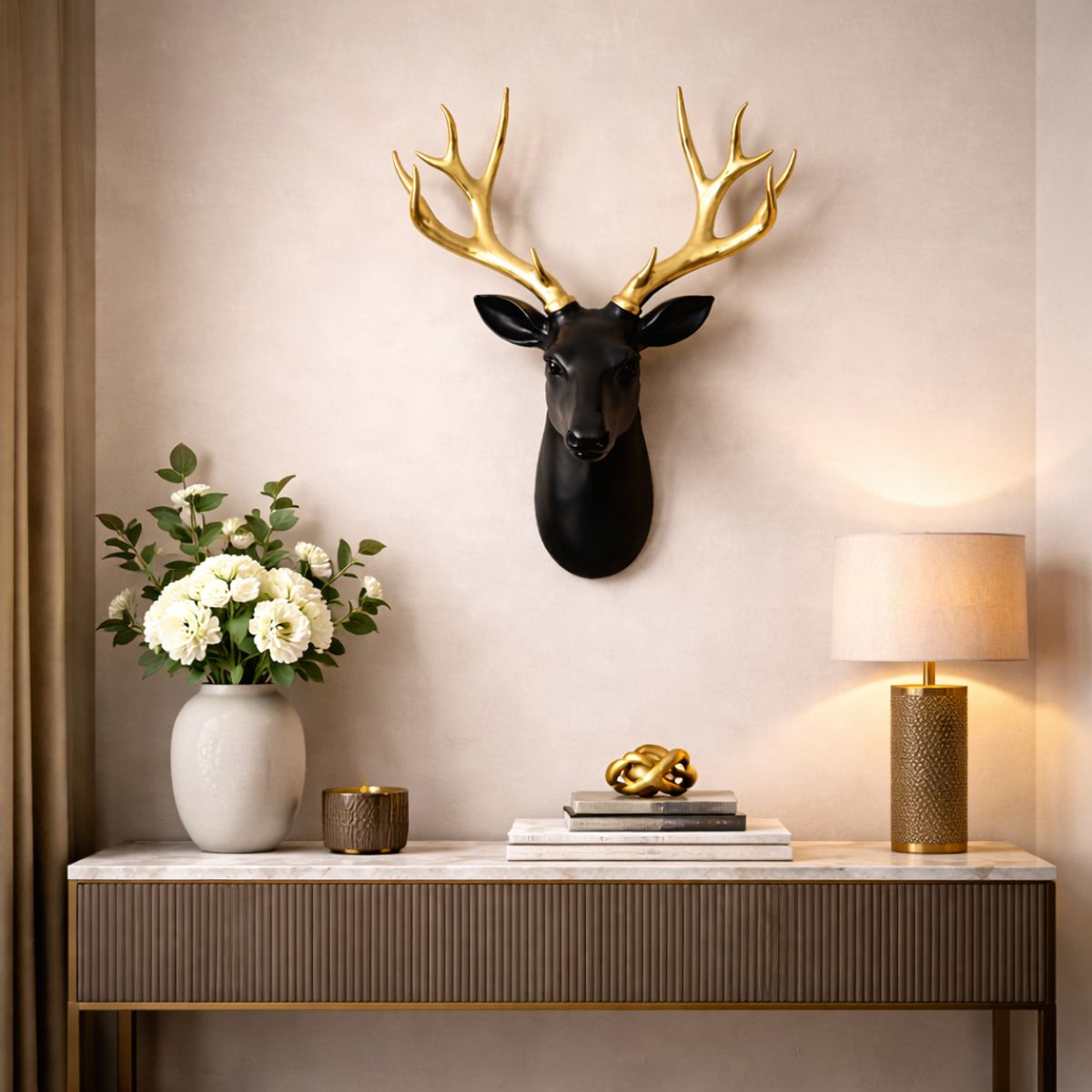 GENERICO - Escultura de Ciervo Modern Luxe  Negro Absoluto y Oro Galvánico