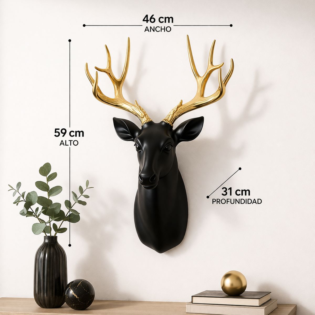 GENERICO - Escultura de Ciervo Modern Luxe  Negro Absoluto y Oro Galvánico