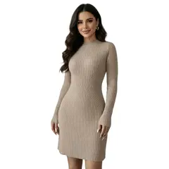 HAMI BOUTIQUE - Vestido Midi Tejido Ajustado Manga Larga Cuello Medio - Beige Caramelo