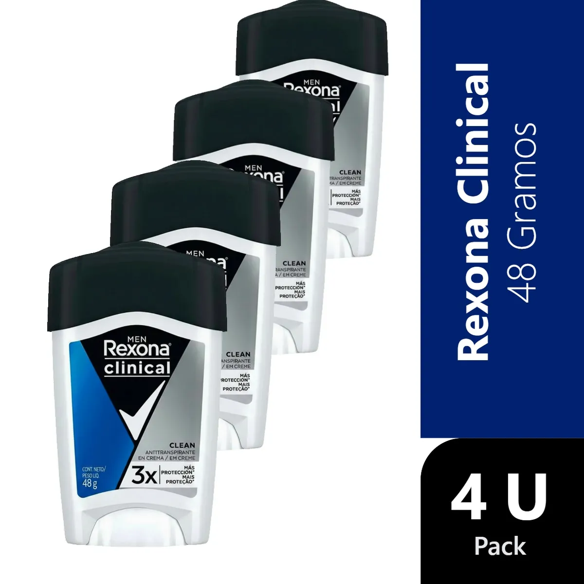REXONA - Pack 4 Rexona Men Clinical Desodorante Crema Clean 48 g