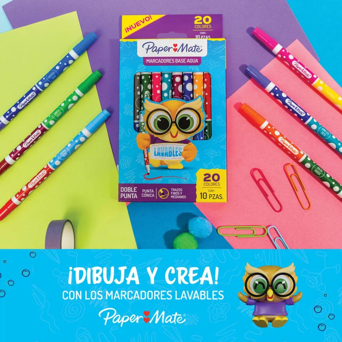 PAPER MATE - Plumones Marcadores Doble Punta Cónica PaperMate 10 Colores