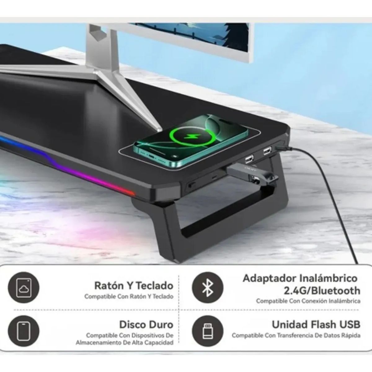 METEX - Base Soporte Monitor 2 Alturas Rgb 4 Usb Carga Inalámbrica