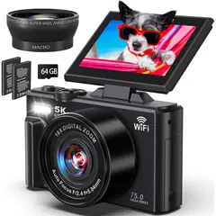 KUANGYE - Cámara Digital 5k 75mp Wifi Con Pantalla Lcd Giratoria 64gb + Lente De Gran Angular