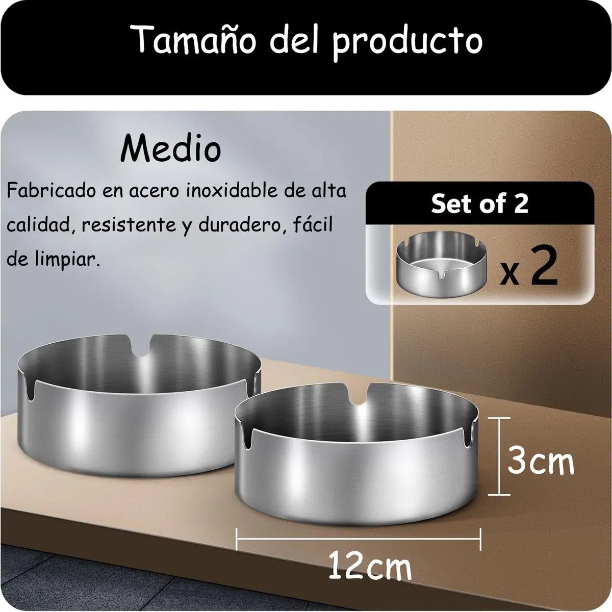 GENERICO - Pack 2 Cenicero Acero Inoxidable Bar Restaurant Hogar 12 Cm