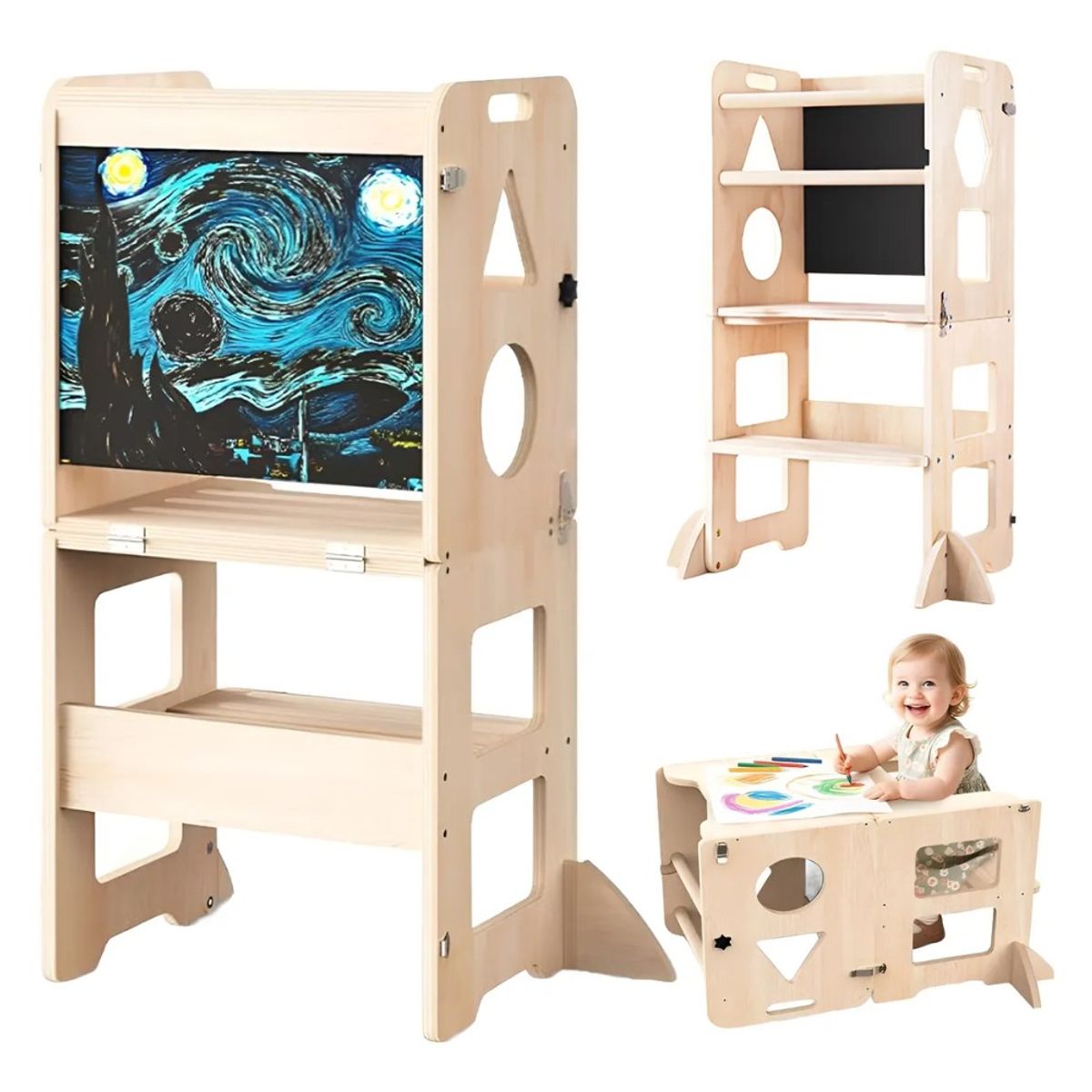 GENERICO - Torre De Aprendizaje Montessori 3 En 1 Plegable Con Pizarra Madera