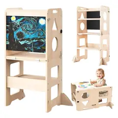 GENERICO - Torre De Aprendizaje Montessori 3 En 1 Plegable Con Pizarra Madera