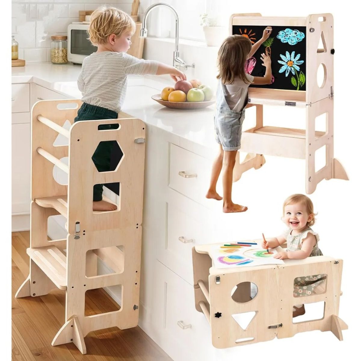 GENERICO - Torre De Aprendizaje Montessori 3 En 1 Plegable Con Pizarra Madera