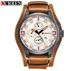CURREN - 8225 marca de lujo Hombre Elegante Cuero Cafe Cuarzo Cronógrafo Moda casual relojes