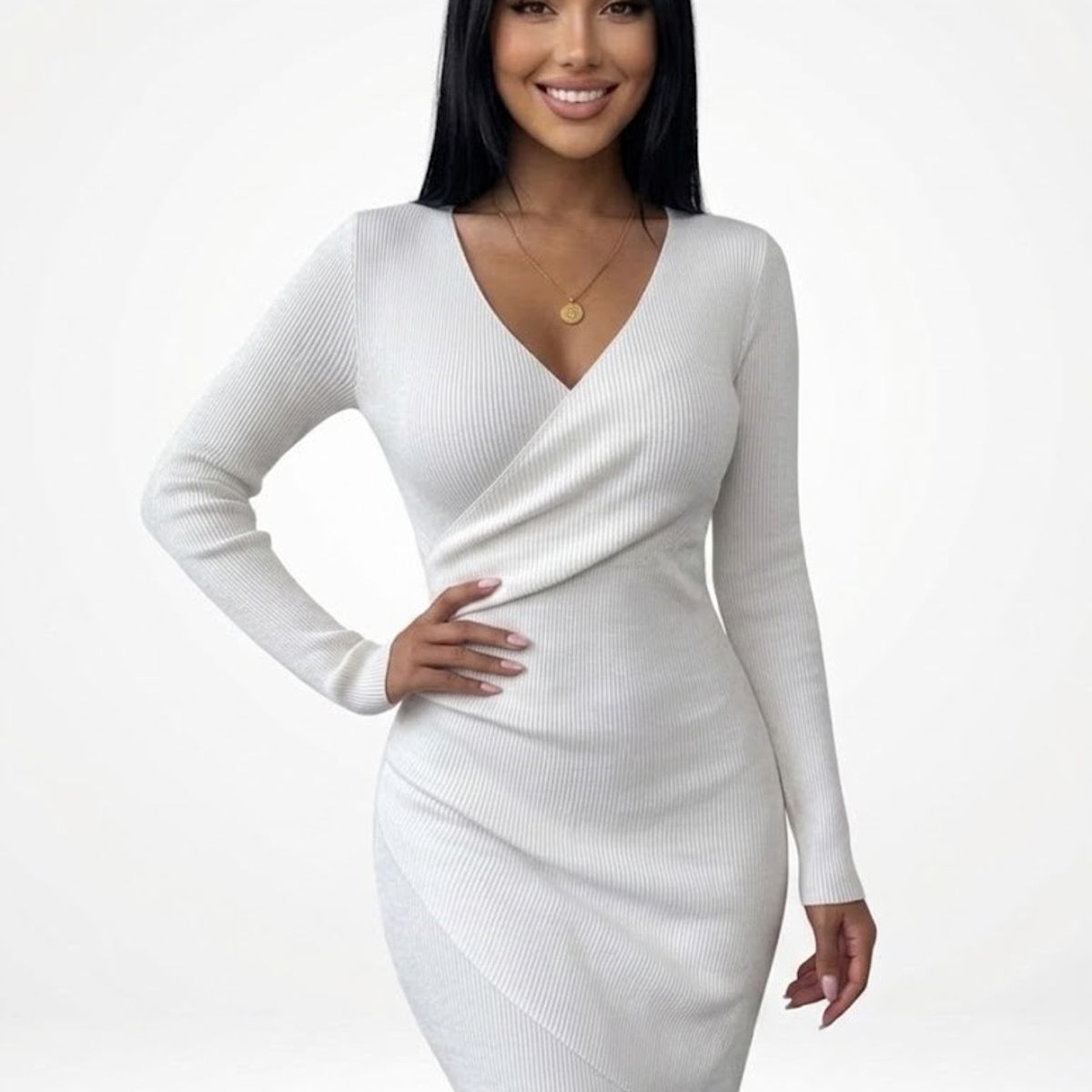 HAMI BOUTIQUE - Vestido Midi Ribbed Blanco Ajustado - Diseño Cruzado y Escote en V