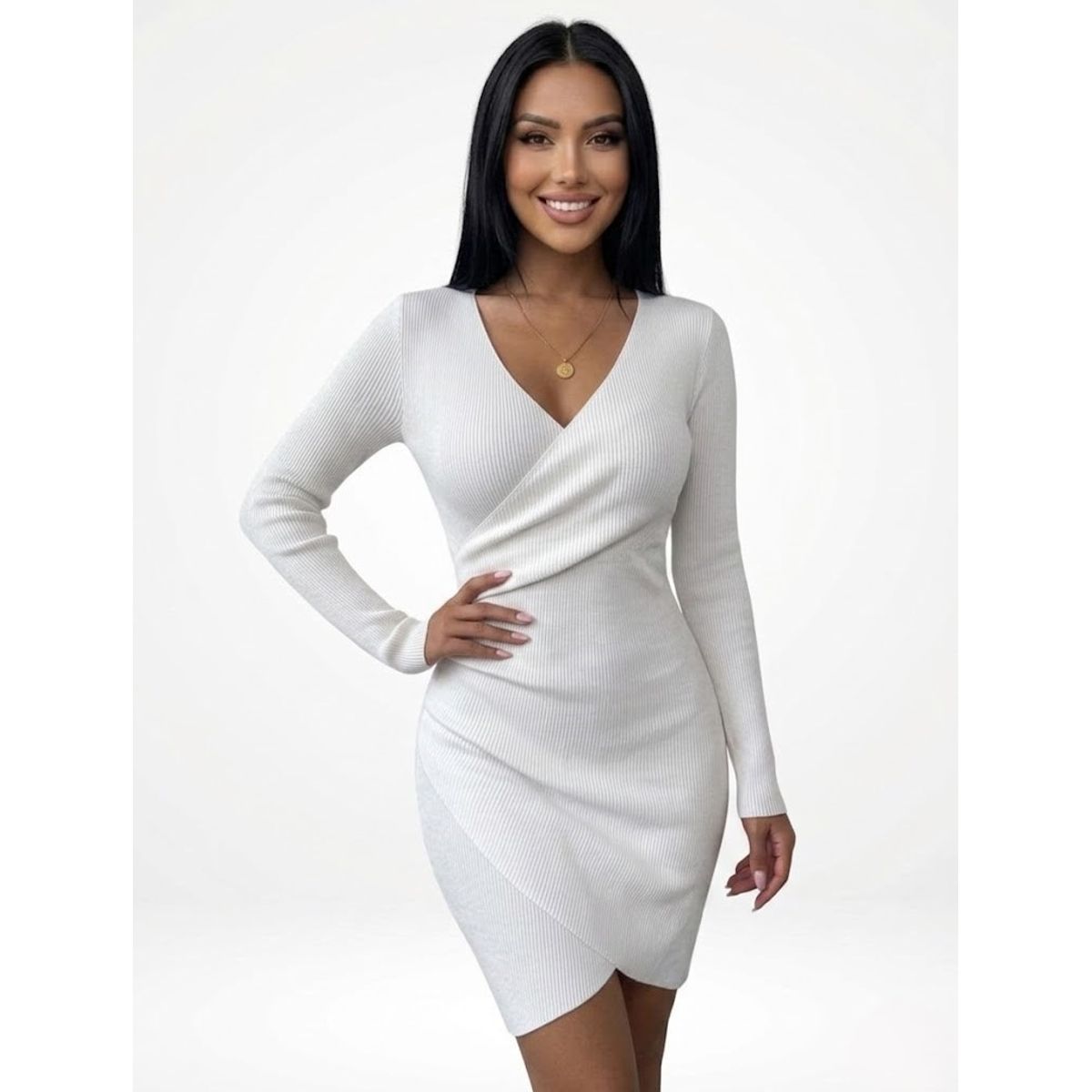 HAMI BOUTIQUE - Vestido Midi Ribbed Blanco Ajustado - Diseño Cruzado y Escote en V