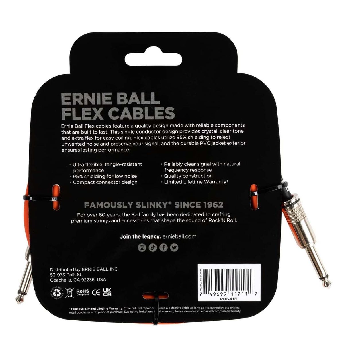 ERNIE BALL - Ernie Ball 6416 Cable para Instrumento Flex Naranjo Recto/Recto 3 Mts