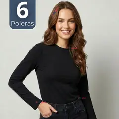 UTILISIMO - Pack 6 Camisetas Poleras Bambú Primera Capa Negro Manga Larga Mujer