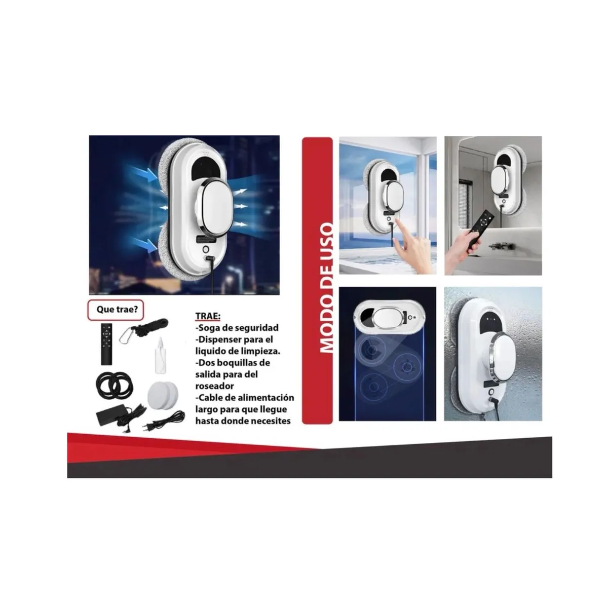 GENERICO - Robot Limpiavidrios Inteligente Eléctrico + Control Remoto Blanco