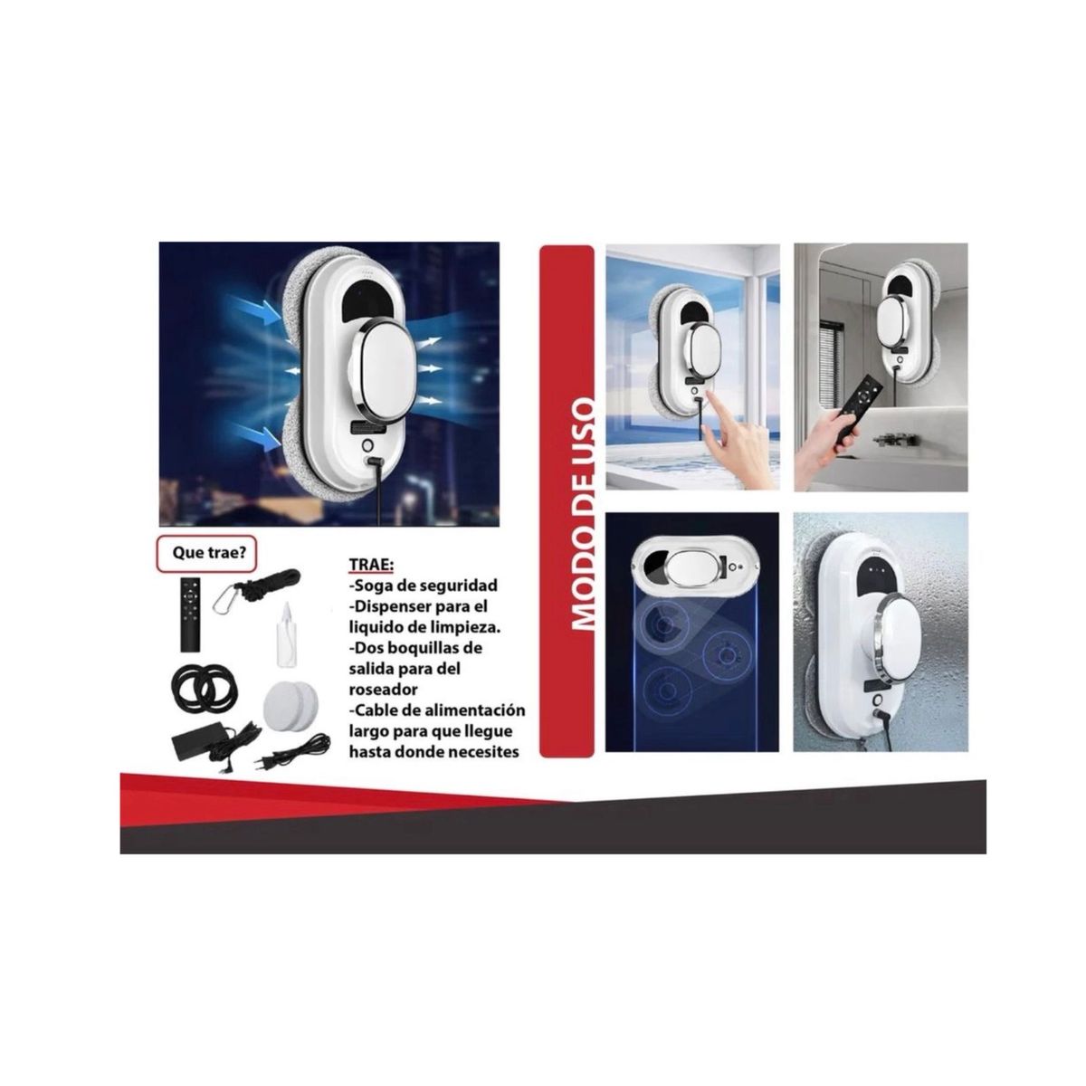 GENERICO - Robot Limpiavidrios Inteligente Eléctrico + Control Remoto Blanco