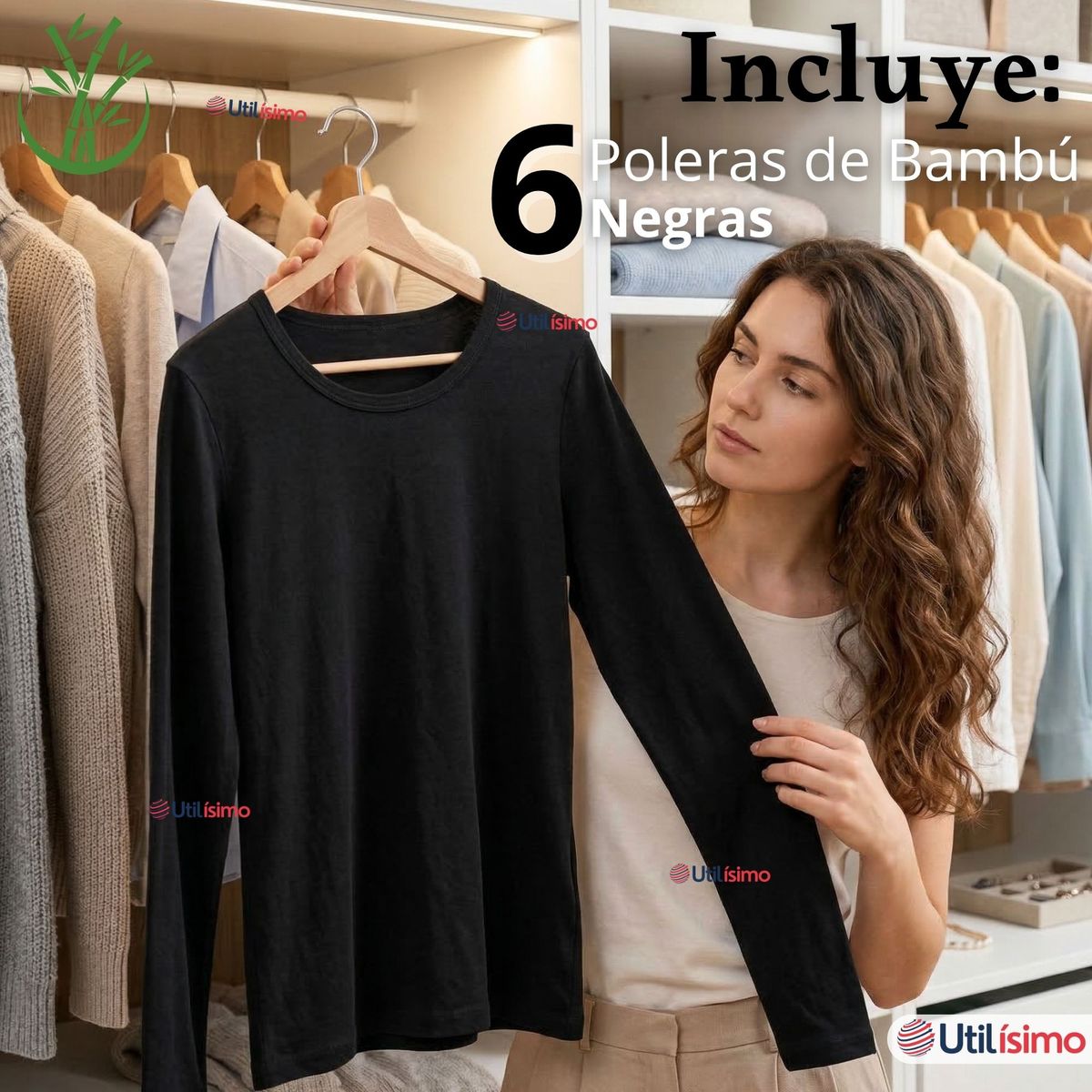 UTILISIMO - Pack 6 Camisetas Poleras Bambú Primera Capa Negro Manga Larga Mujer
