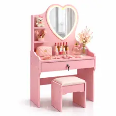 ACTUAL - Tocador Infantil Niña Rosado con Espejo LED y Taburete 60x33x122 cm Cajones con Llave