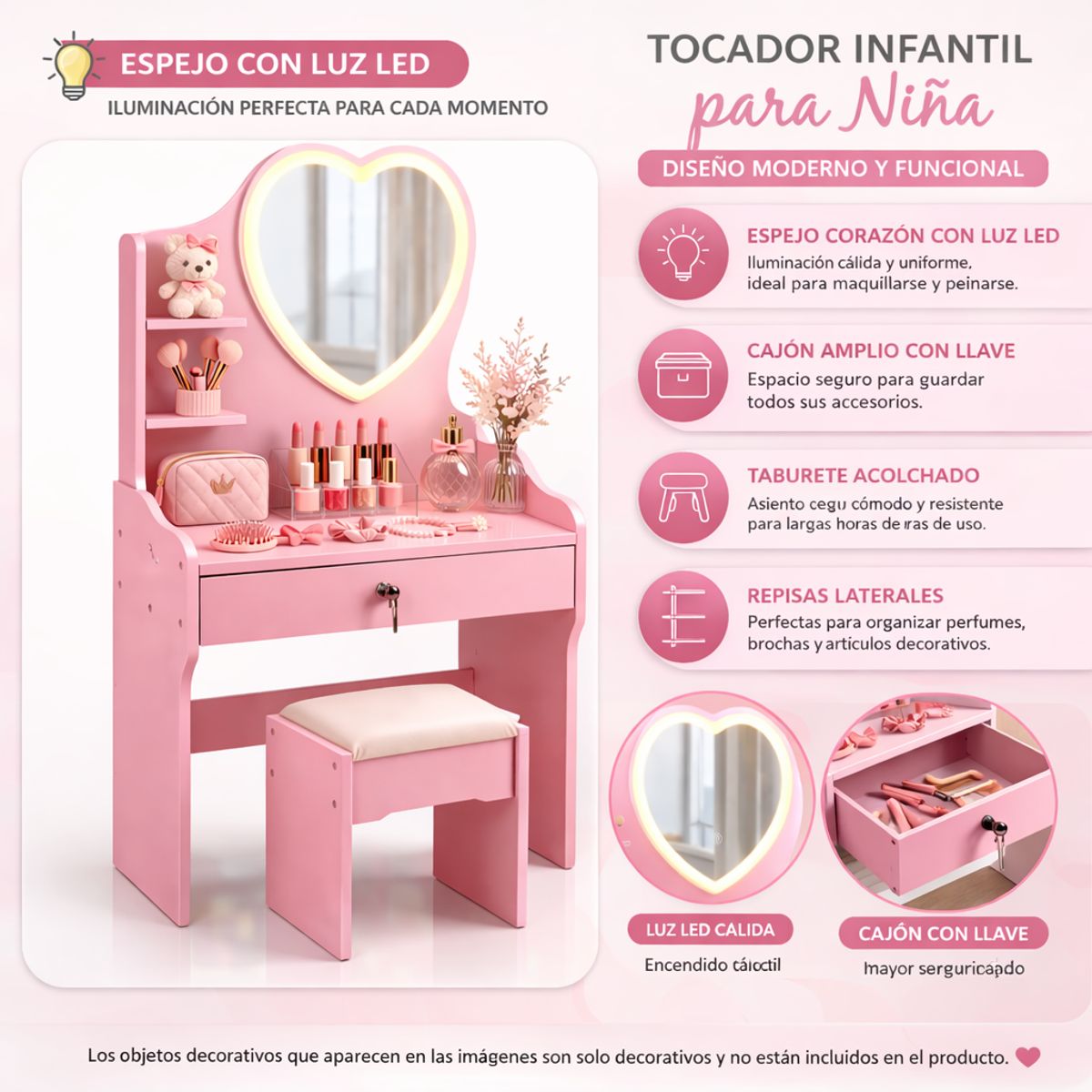 ACTUAL - Tocador Infantil Niña Rosado con Espejo LED y Taburete 60x33x122 cm Cajones con Llave