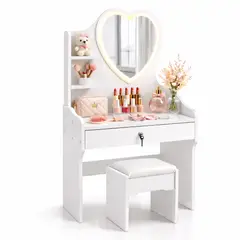 ACTUAL - Tocador Infantil Niña Blanco con Espejo LED y Taburete 60x33x122 cm Cajones con Llave