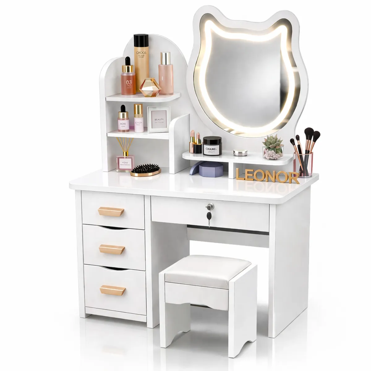 ACTUAL - Tocador Infantil Blanco con Espejo LED Tipo Gato 120x80x34 cm con Cajones y Taburete