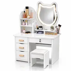 ACTUAL - Tocador Infantil Blanco con Espejo LED Tipo Gato 120x80x34 cm con Cajones y Taburete