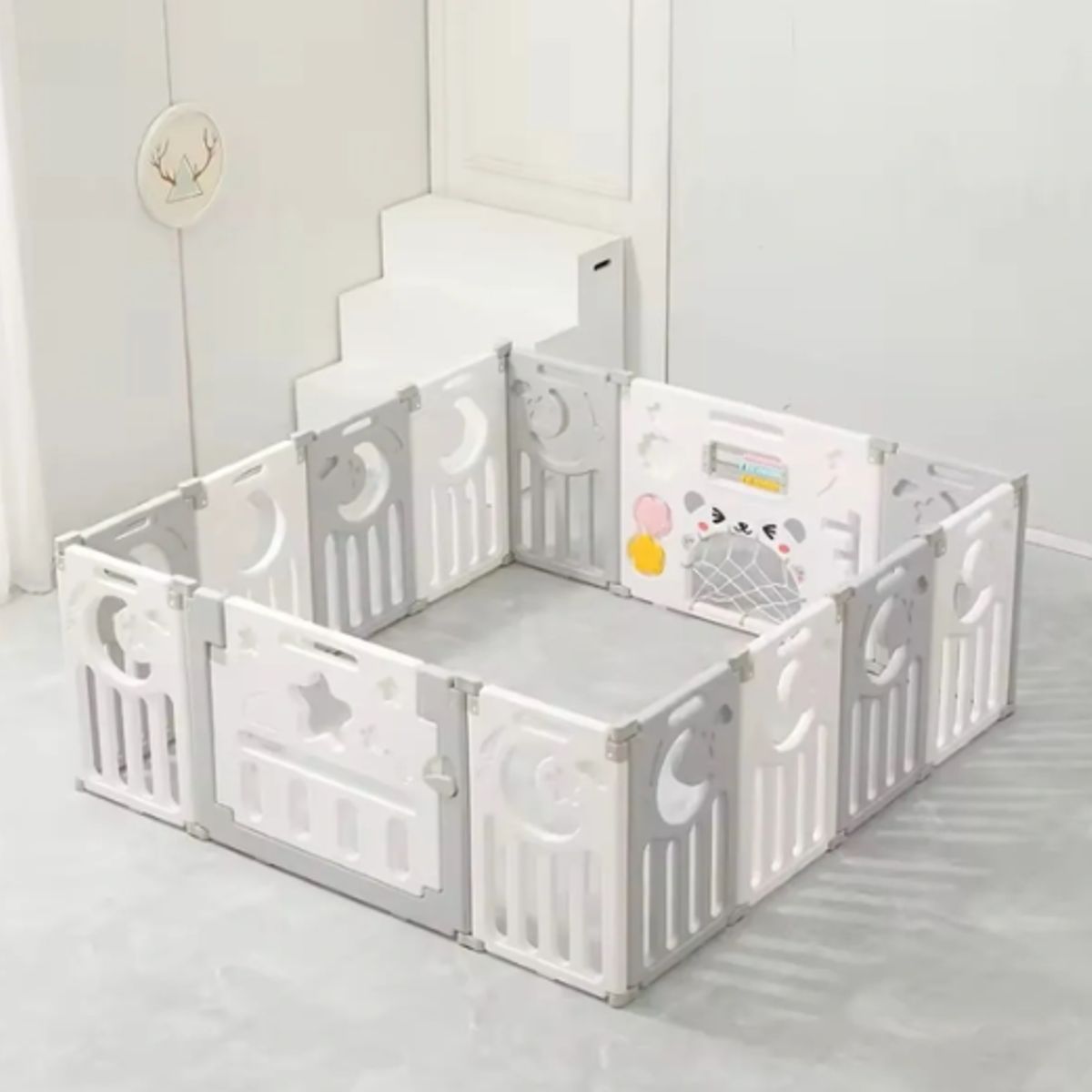 GENERICO - Corral de bebé 150 x 150 x 60 cms blanco con gris, incluye 50 pelotas plásticas de colores