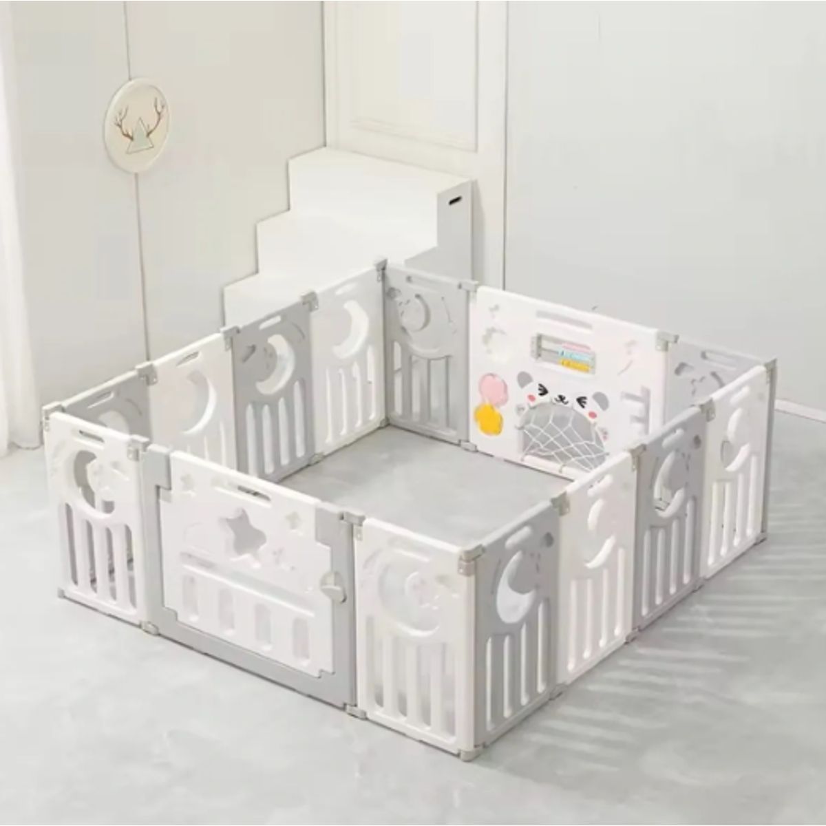 GENERICO - Corral de bebé 150 x 150 x 60 cms blanco con gris, incluye 50 pelotas plásticas de colores
