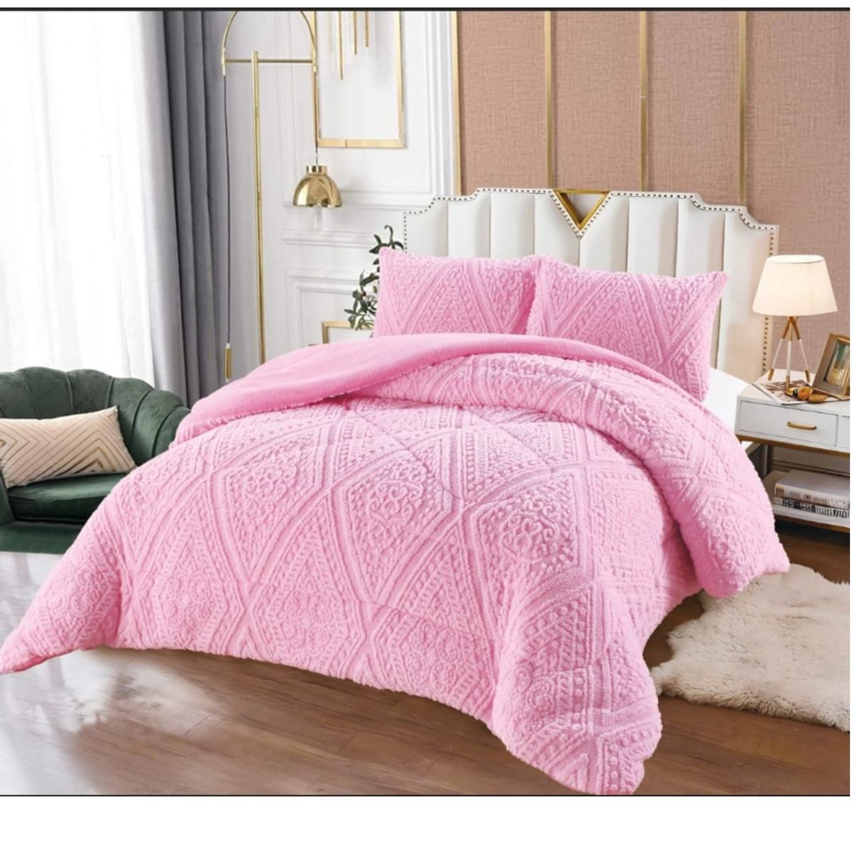 GENERICO - Plumón Rosado 2 Plazas Diseño Trenzado, Polar + 2 Funda