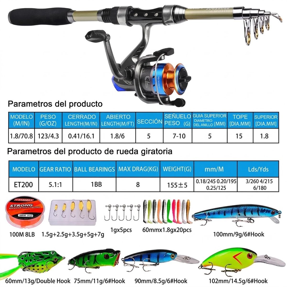 GENERICO - Kit Pesca 1.8 m Caña Carrete Señuelo Accesorio Bolsa Completo