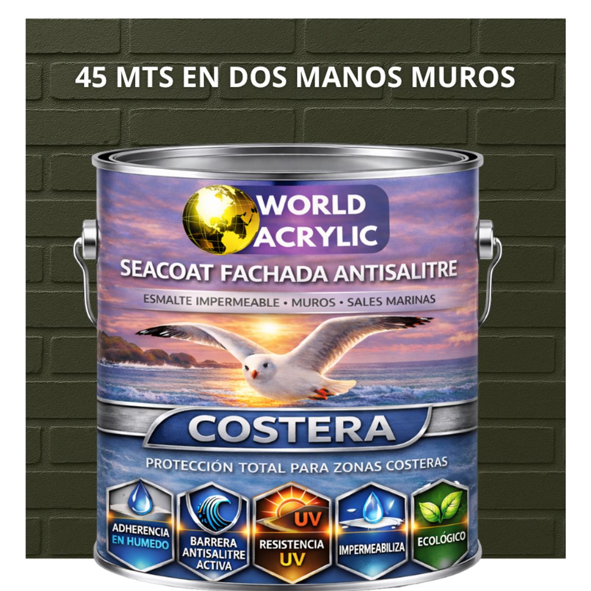 WORLD ACRYLIC - PINTURA MUROS HIDRORREPELENTE - SEACOAT FACHADA ANTISALITRE - VERDE GRISÁCEO  - GALON