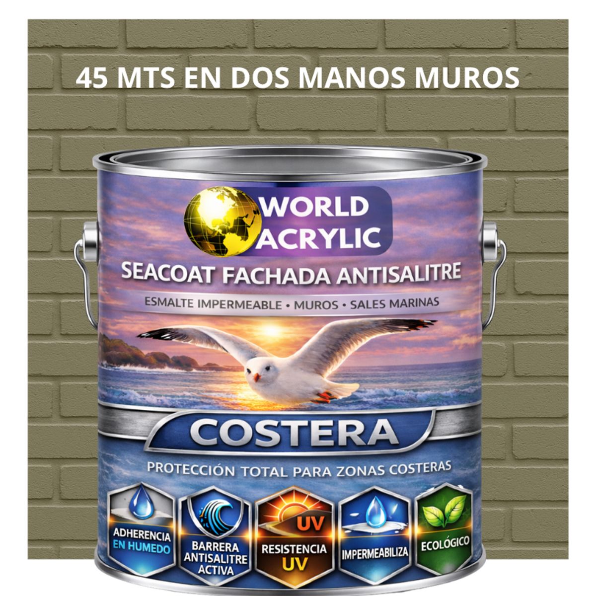 WORLD ACRYLIC - PINTURA MUROS HIDRORREPELENTE - SEACOAT FACHADA ANTISALITRE - GRIS MUSGO  - GALON