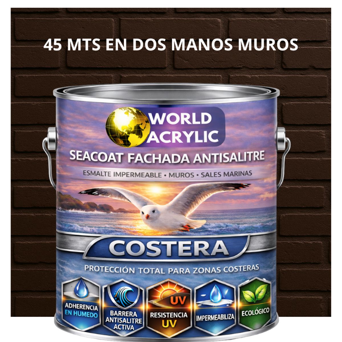 WORLD ACRYLIC - PINTURA MUROS HIDRORREPELENTE - SEACOAT FACHADA ANTISALITRE - MARRÓN CHOCOLATE  - GALON