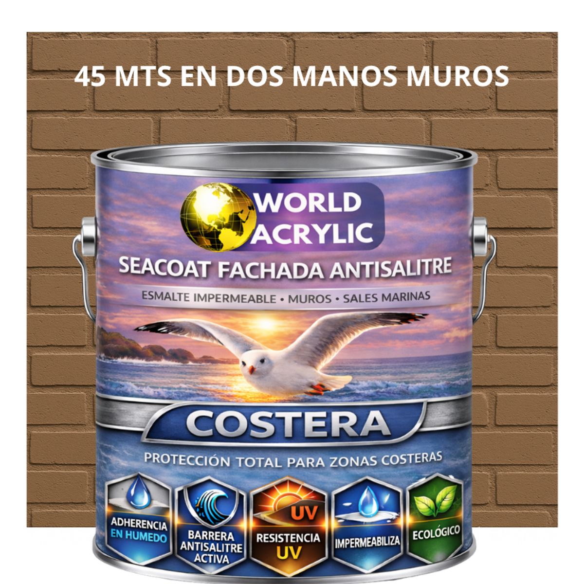 WORLD ACRYLIC - PINTURA MUROS HIDRORREPELENTE - SEACOAT FACHADA ANTISALITRE - MARRÓN TIERRA  - GALON