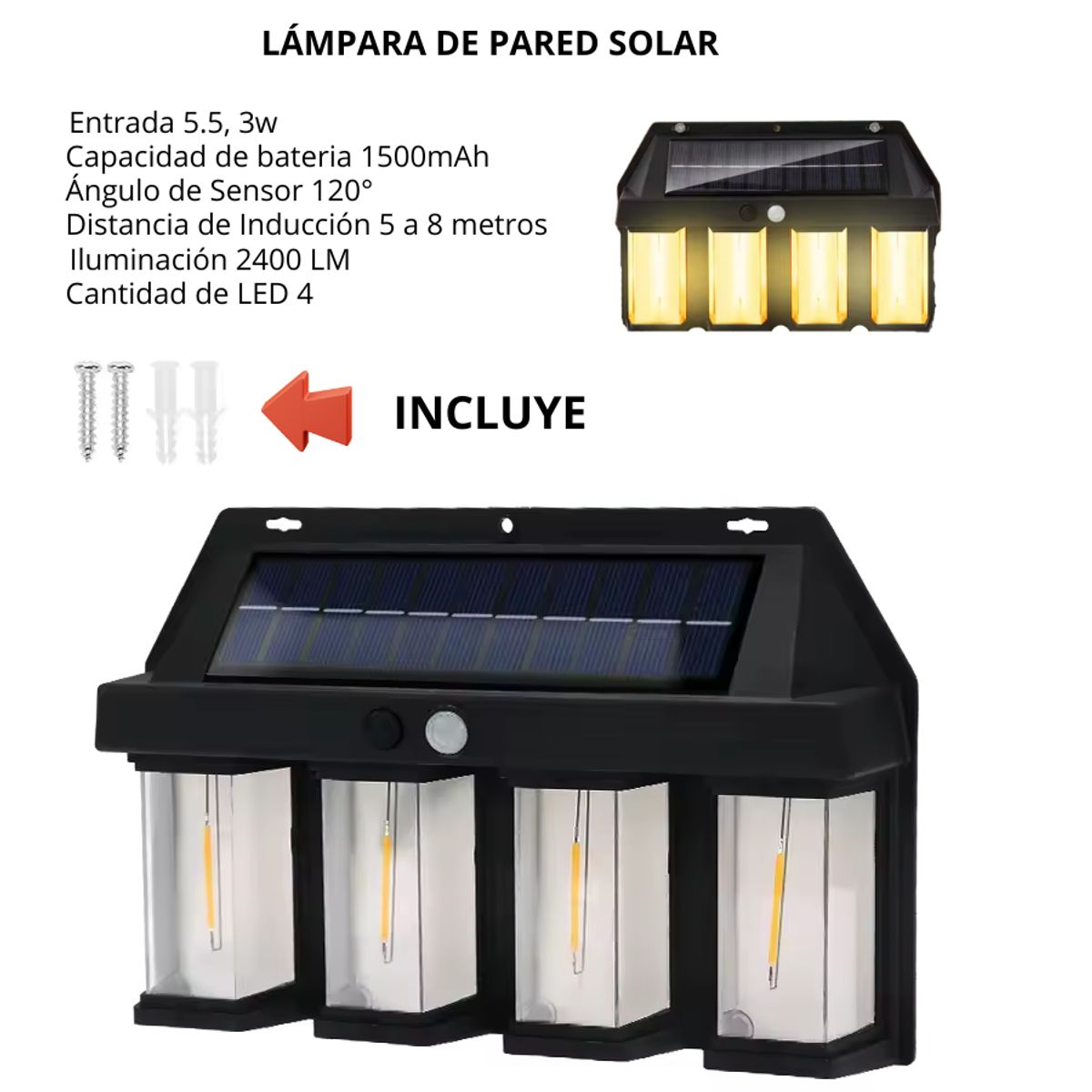 GENERICO - Lámpara Led solar de 4 focos, Exterior, Luz cálida, Sensor movimiento