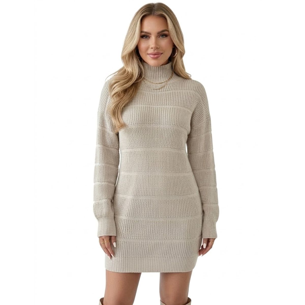 HAMI BOUTIQUE - Vestido de Invierno Lana Trenzada Beige Crema con Cuello